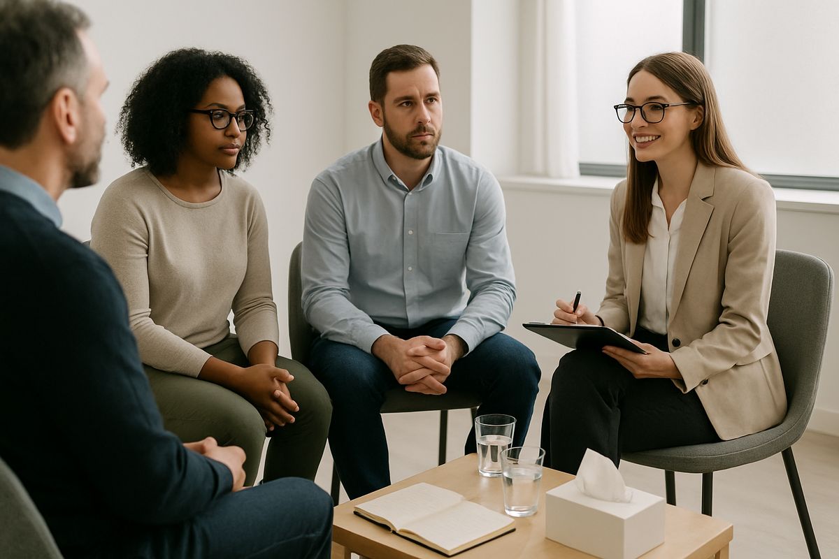 A small group of adults sitting in a counseling room with a therapist, talking in a circle of chairs while notebooks, water cups, and a box of tissues sit on a side table