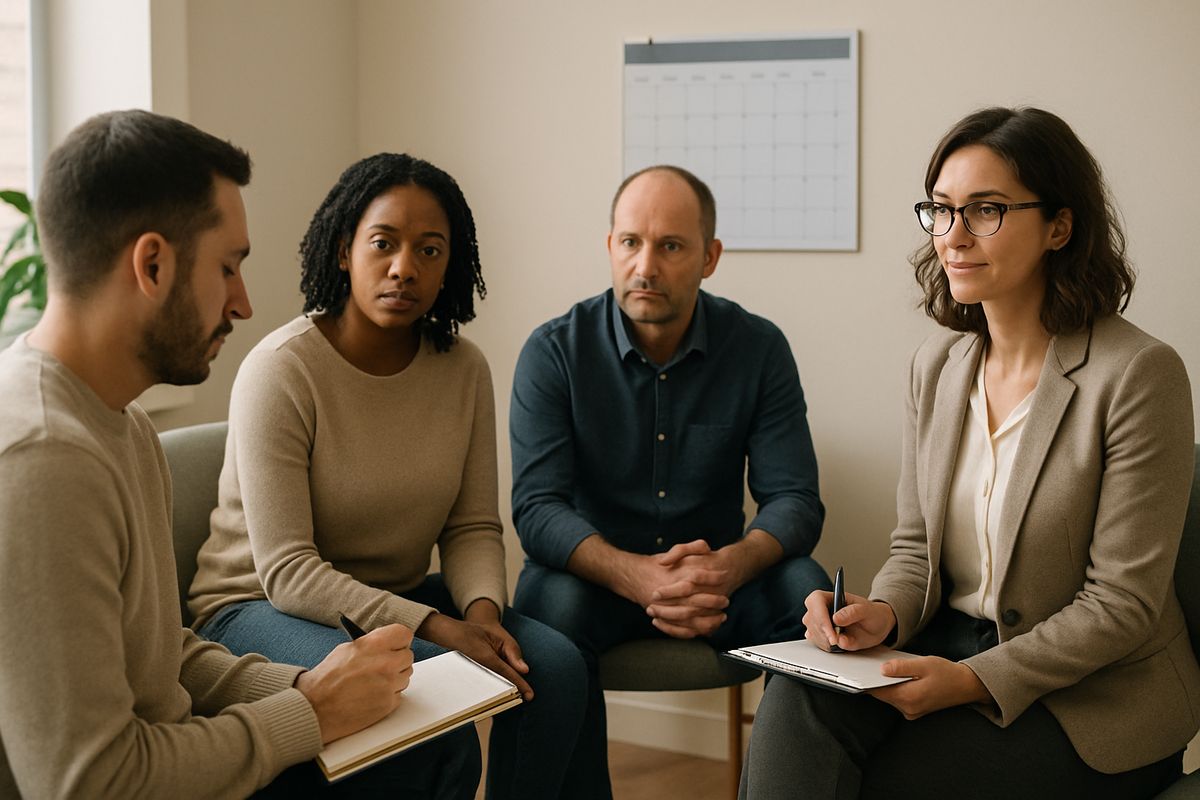 A small group of adults sitting in a counseling room with a therapist, one person holding a notebook while others listen, with a home-like setting and calendar on the wall suggesting several weekly outpatient sessions