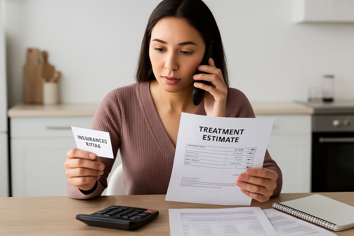 A person at a kitchen table comparing an insurance card, a printed treatment estimate, and a calculator while speaking on the phone, with paperwork spread out beside a notebook