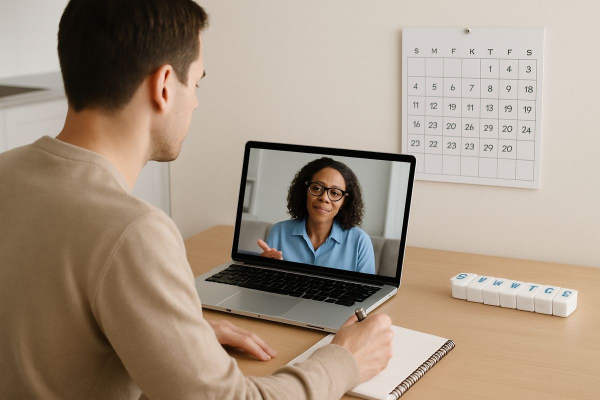 An adult sitting at a kitchen table with a laptop and notebook, talking by video call with a counselor while a wall calendar and pill organizer sit nearby, showing treatment being done from home