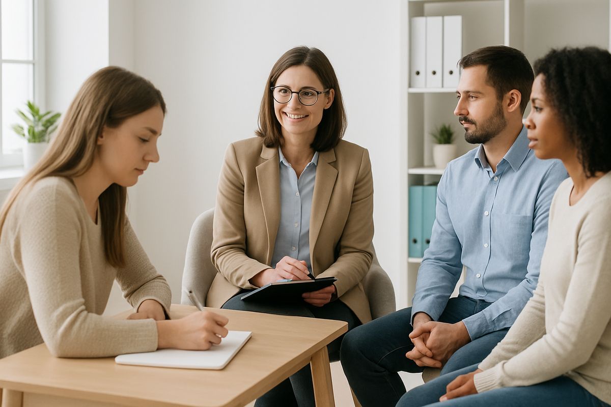 A counselor sitting with a small group of adults in a bright outpatient office, one person taking notes at a table while others listen during a structured therapy session