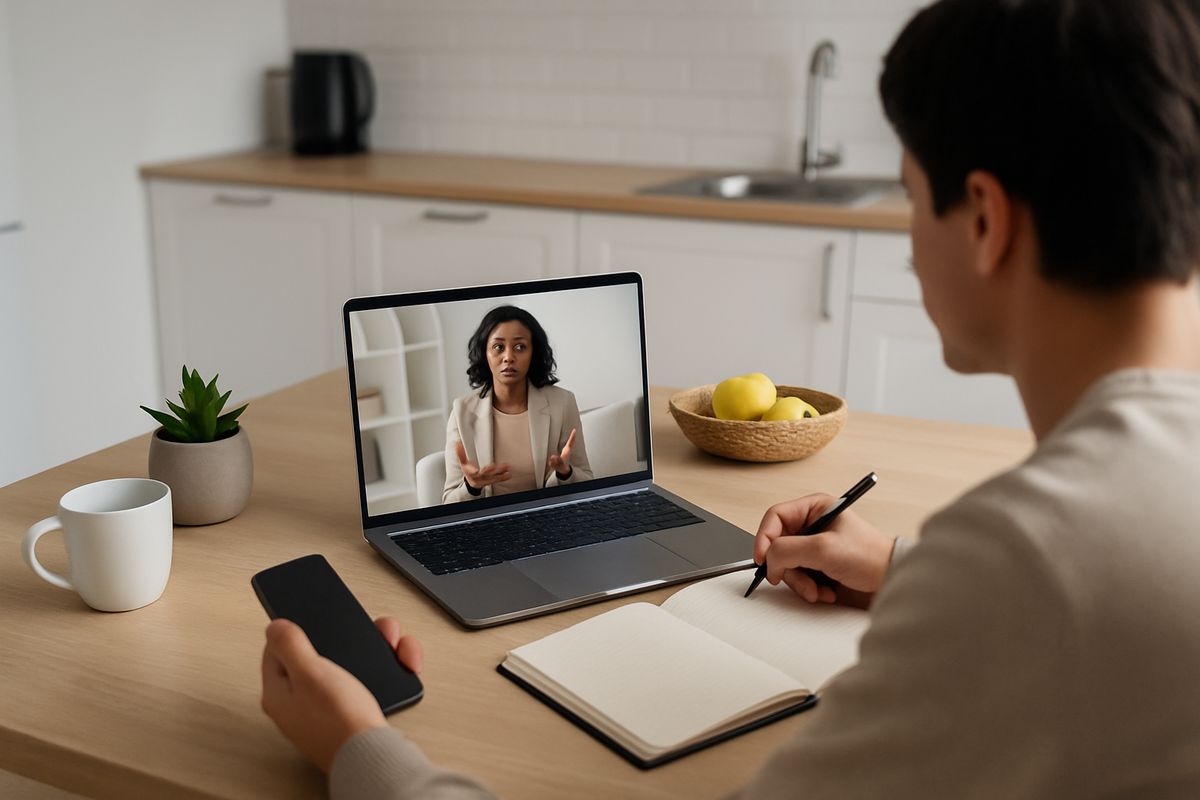 A person sitting at a kitchen table with a notebook and phone, listening to a therapist on a laptop during a scheduled counseling session while everyday household items sit nearby