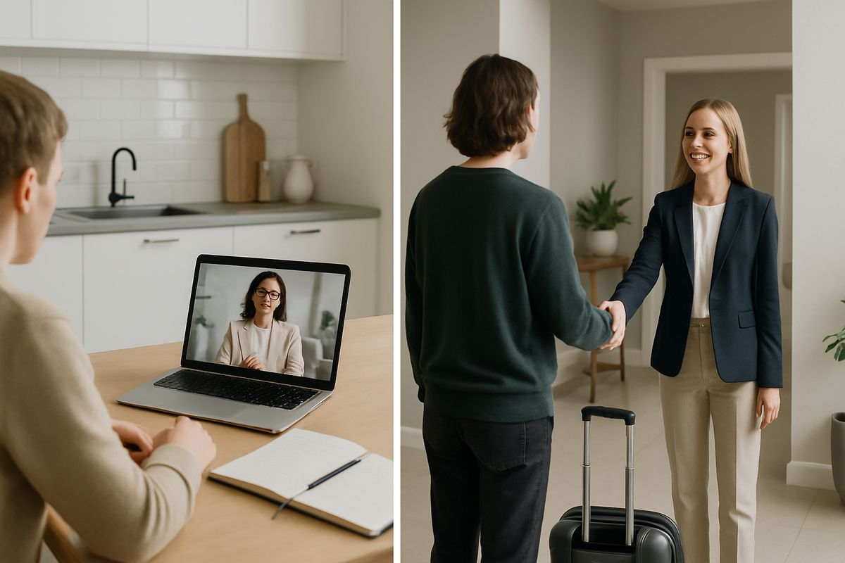 A person sitting at a kitchen table with a laptop and notebook while a therapist joins by video call, contrasted with another person standing in the lobby of a residential treatment center with a small suitcase and a staff member greeting them