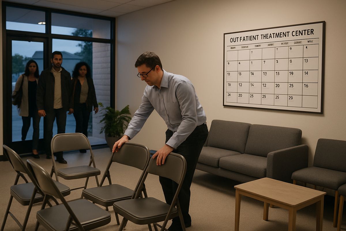An evening outpatient treatment center with a few adults arriving through the front door while a calendar on the wall, a waiting area, and a counselor setting up chairs suggest a scheduled group session