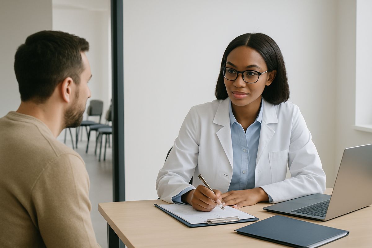 A clinician meeting with a patient at a desk during an intake session, with a clipboard, a laptop, and a folder of papers, while a separate group therapy room is visible in the background with chairs arranged in a circle