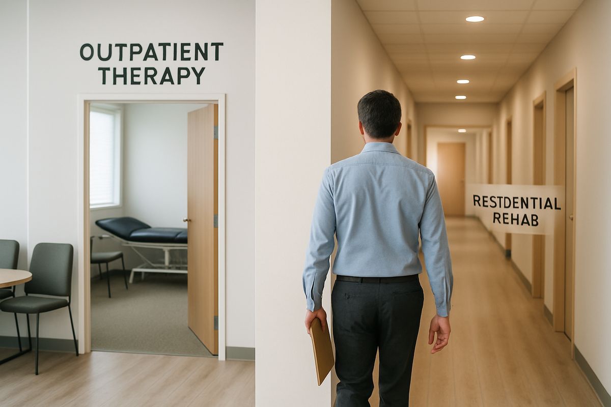 A split hospital-and-home scene showing a calm outpatient therapy room on one side and a residential rehab hallway with bedrooms on the other, with a patient walking toward the outpatient room holding a folder