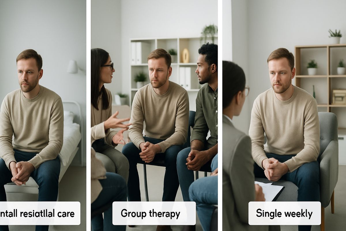 A three-panel scene showing a person in a hospital-style residential treatment room, the same person in a group therapy room several times a week, and a single weekly counseling office visit, illustrating the different levels of care