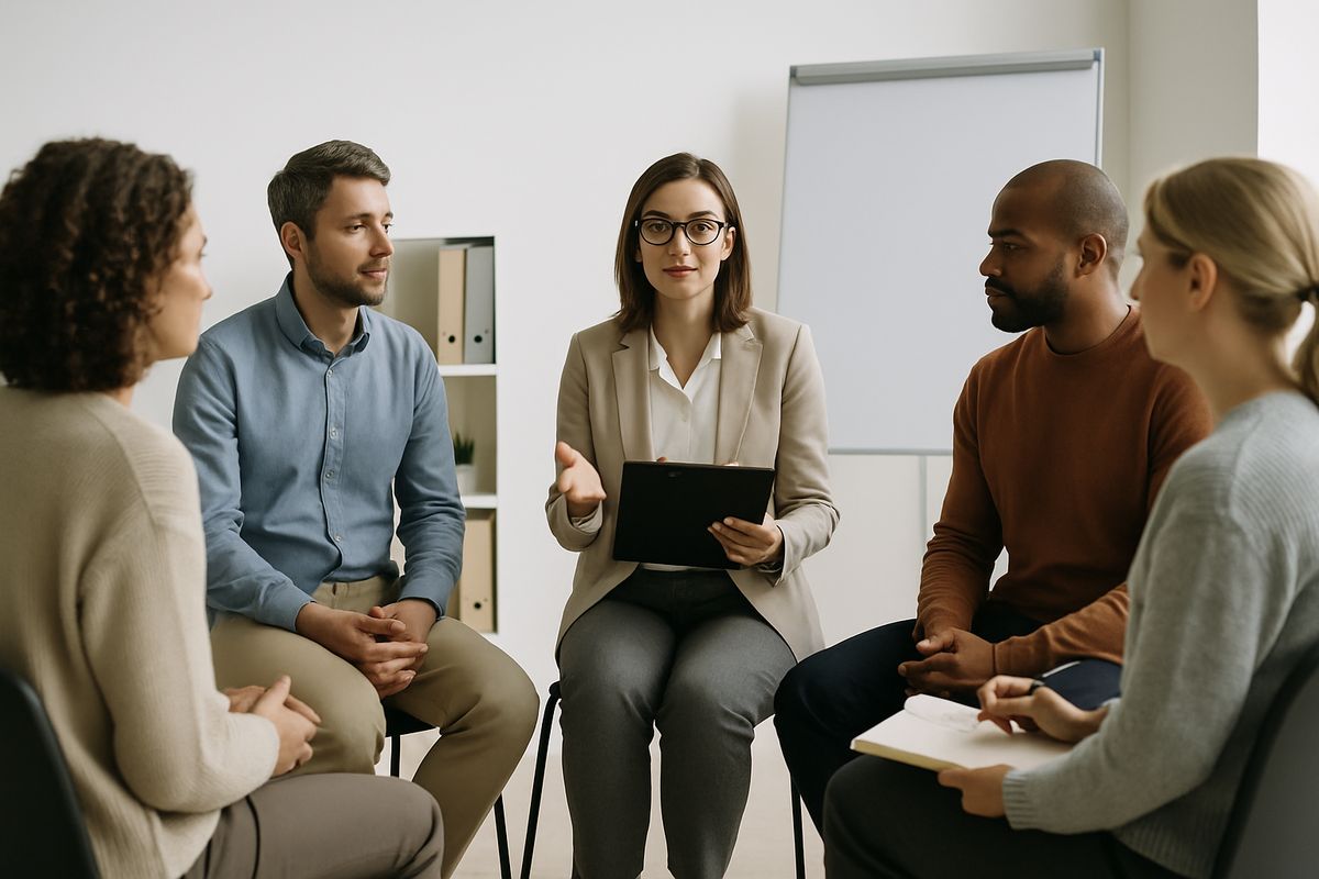 A therapy room with several adults seated in a circle, a clinician leading a group discussion with folders, notebooks, and a whiteboard in the background