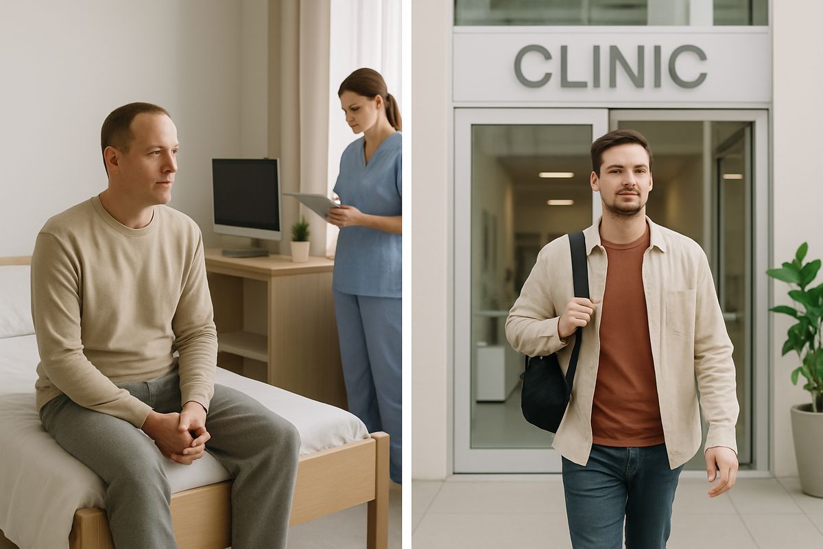 Two contrasting treatment settings shown side by side: one person in a private residential facility room with a bed and nurse station nearby, and another person leaving a clinic after a daytime therapy session and heading home in regular clothes