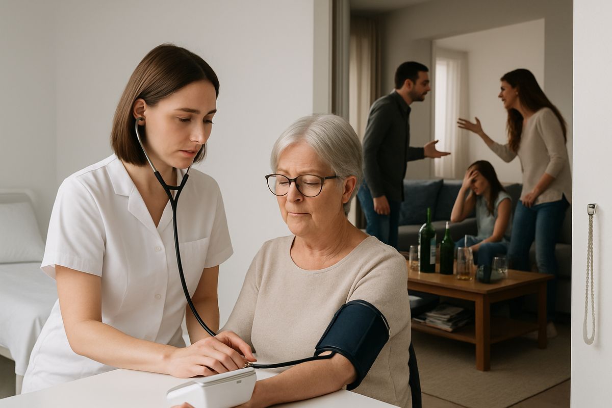A quiet hospital-like treatment room with a clinician checking a patient’s vital signs, while in the background a separate home scene shows a cluttered living room with alcohol bottles on a table and a tense family argument