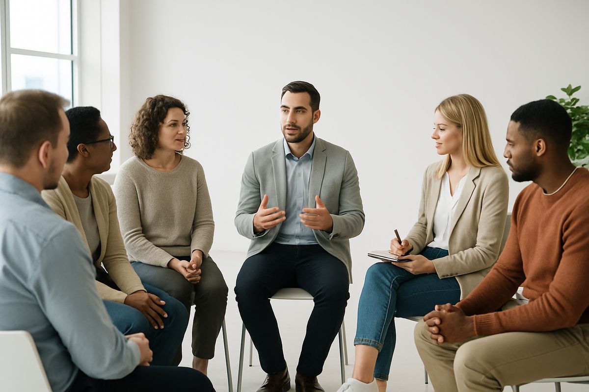 A group therapy circle in a bright outpatient clinic where several adults share and listen supportively, with one facilitator speaking and another person taking notes, creating a calm and encouraging recovery setting