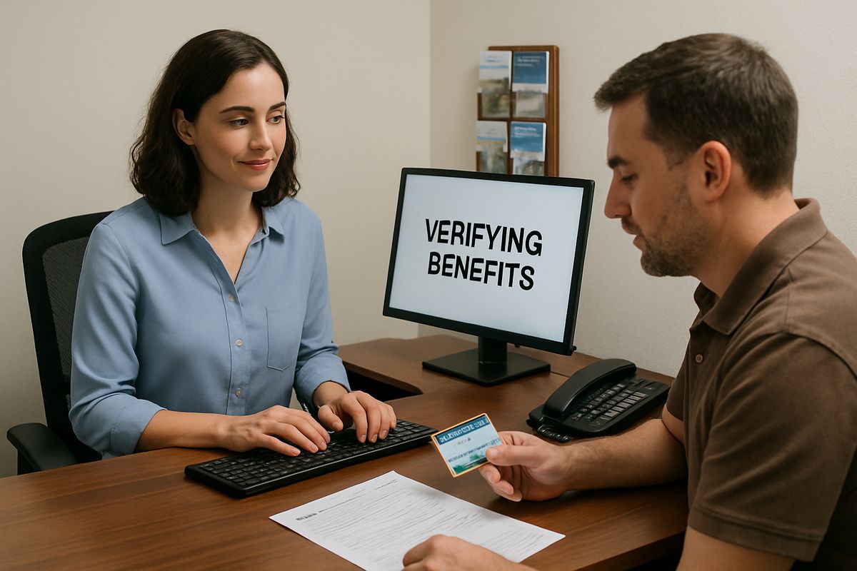 A treatment center staff member at a desk verifying benefits on a computer while a patient sits across from them with an insurance card and medical paperwork, in a small office with brochures and a phone