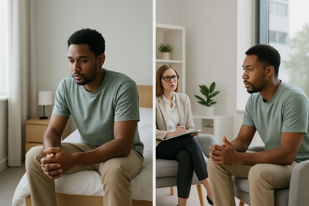 A split scene showing one side with a person sitting in a residential treatment bedroom and the other side with the same person attending an outpatient counseling session in a clinic during the day
