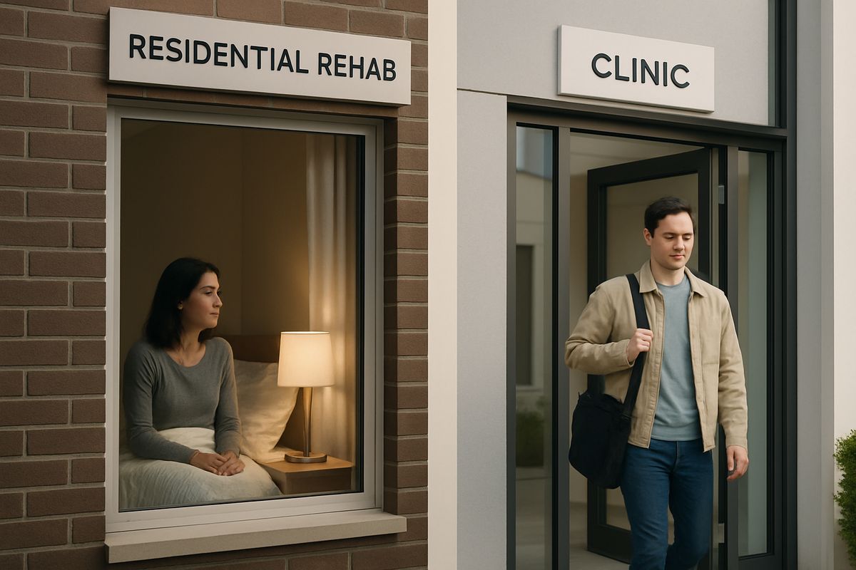 A split scene showing one side of a residential rehab building with a person staying overnight and the other side showing a person leaving a clinic after a daytime counseling session and going home